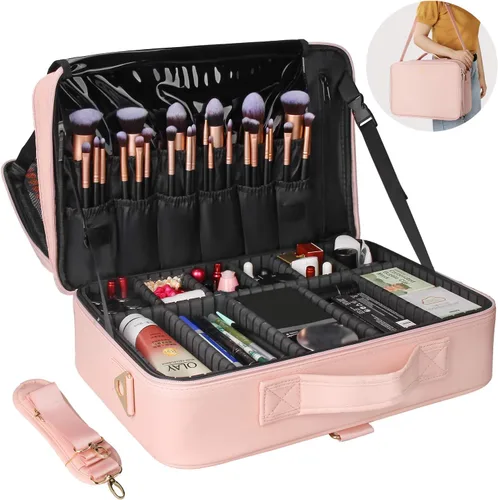Miniatura 2 de Relavel - Estuche de maquillaje grande, bolsa de maquillaje profesional, estuche de tren de 16.5 pulgadas, organizador de cosméticos de viaje, Rosa