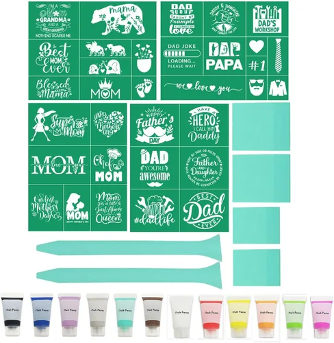 Miniatura 13 de DGAGA 16 plantillas de pantalla de seda para papá y mamá y pasta de tiza, mini espátulas de serigrafía, plantillas reutilizables para manualidades