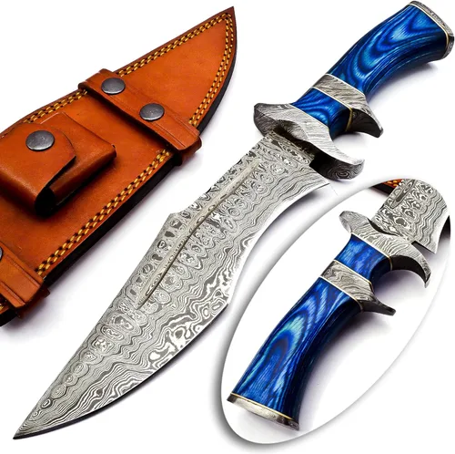 NOORAKI - Cuchillo Bowie de 15" de damasco con vaina | Cuchillo de caza hecho a mano - Cuchillos Bowie de hoja fija larga - Ideal para Azul