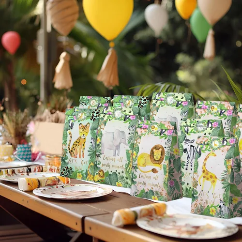 Miniatura 4 de Bolsas de Recuerdos de Fiesta Safari Acuarela - 24 Piezas Bolsas de Dulces de Fiesta de la Selva con Calcomanías - Bolsas de Regalo de Golosinas