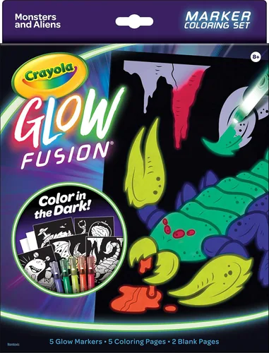 Crayola Glow Fusion, juego de colorear que brilla en la oscuridad con marcadores, páginas para colorear de alienígenas y monstruos, regalo para niños