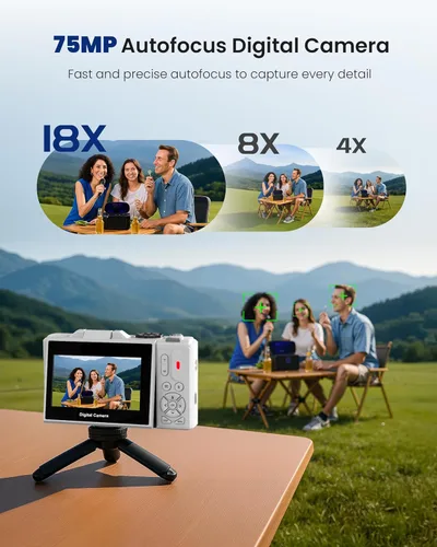 Miniatura 3 de Cámara Digital 5K para Fotografía - Cámara de Vlogging de 75MP con Enfoque Automático con Tarjeta SD de 64GB, WiFi, Zoom 18X, Pantalla Abatible