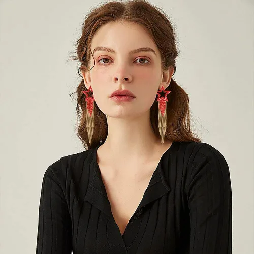 Miniatura 4 de Pendientes de borla para mujer, diseño de estrella, de cristal, estilo bohemio, cascada, con flecos, aretes colgantes
