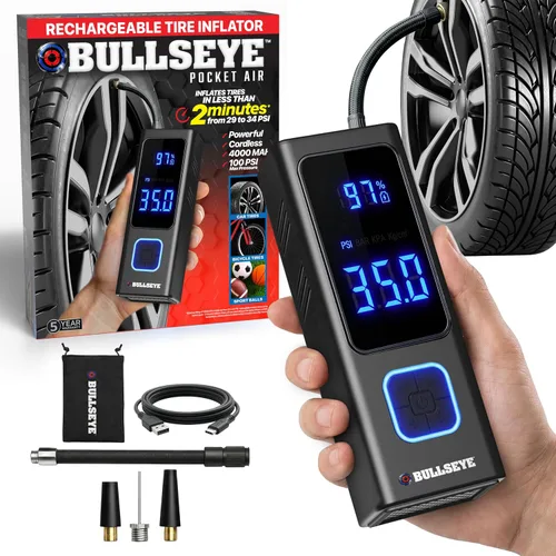 BULLSEYE - Compresor de aire portátil para neumáticos, bolas, bicicleta con válvula Persta, apagado automático, se infla en 2 minutos, recargable