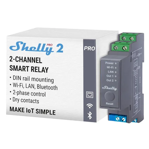 Shelly Pro 2 | Wi-Fi y LAN, Relé inteligente de 2 canales | Automatización del hogar y de instalaciones | Compatible con Alexa y Google Home |