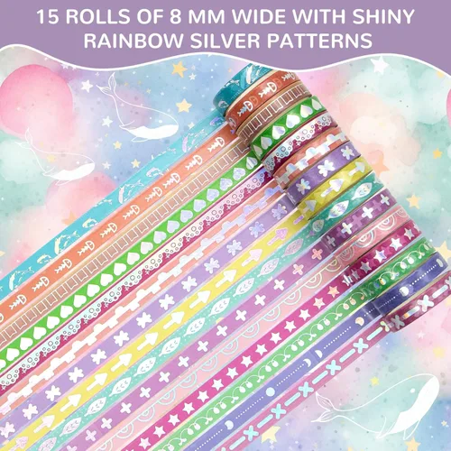 Miniatura 3 de WAPETASHI Juego de 50 rollos de cinta washi, cinta Washi plateada para álbumes de recortes, diario de viñetas, planificador, regalo, cinta