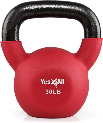 Miniatura 28 de Yes4All Pesas rusas, pesas rusas de hierro fundido recubiertas de neopreno de 5-65 LB, asa de agarre ancho y fondo plano para balanceos, B. 10