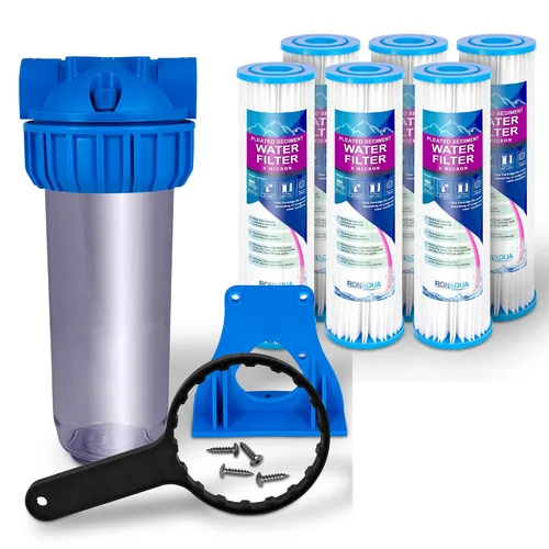 Sistema de filtro de agua estándar transparente de 10 pulgadas, válvula de alivio de prensatelas, puerto de latón de entrada y salida de 3/4