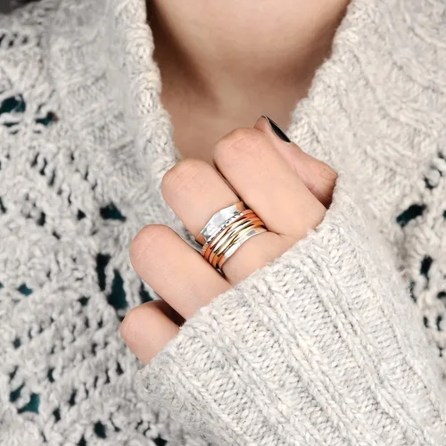 Miniatura 5 de Boho-Magic Anillo giratorio para mujer, plata de ley 925, con cobre y latón, anillos de plata