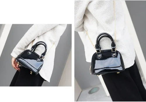 Miniatura 3 de Cremallera alrededor de la bóveda de cuero de patente Satchel Mini Top Handle Tote Bag Shell Shape Monedero Bolsos
