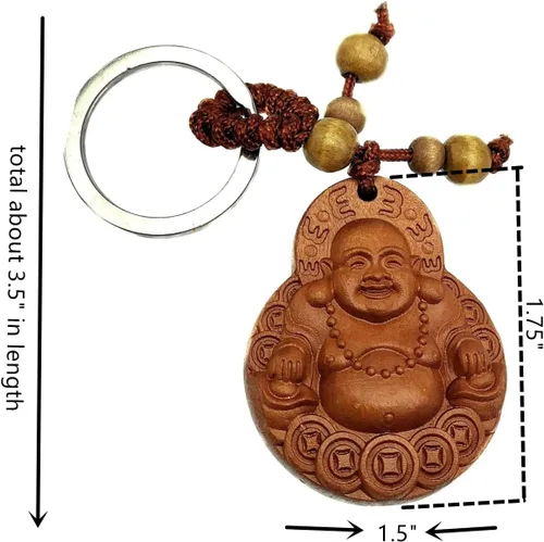 Miniatura 4 de Betterdecor Feng Shui Peach Wood Money Happy Laughing Buddha Key Ring Amulet for Wealth Luck