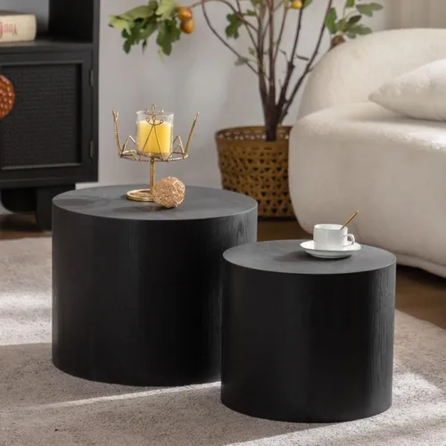 Miniatura 16 de Juego de 2 mesas anidables redondas con tapa abatible, juego de mesa auxiliar de madera de almacenamiento moderno de 2 piezas, 2 piezas de madera