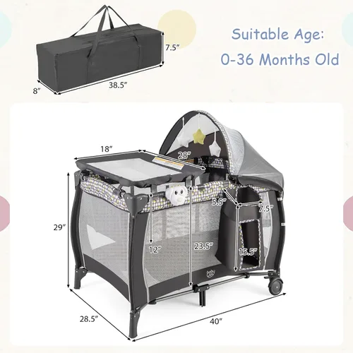 Miniatura 9 de HONEY JOY Pack and Play, centro de guardería plegable 4 en 1 con moisés infantil de tamaño completo y cambiador de pañales, cuna portátil para niños