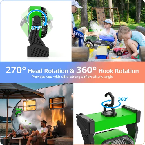 Miniatura 5 de Gewanolla Ventilador recargable portátil con luz LED, ventilador de campamento con batería de 20000 mAh con gancho, pivote de 270°, 4 velocidades