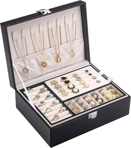 COOYUY Joyero para mujeres niñas esposa regalo ideal organizador de joyas de doble capa aretes pulseras anillos collares piel sintética y terciopelo