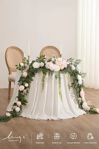 Miniatura 4 de Ling's moment Guirnalda de flores de 9 pies para decoraciones de telón de fondo - Flores de arco de boda, eucalipto y rosa, guirnalda floral