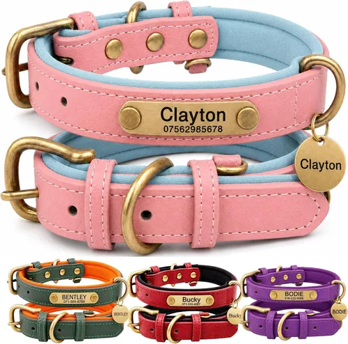 Miniatura 7 de Collar de cuero para perro personalizado y juego de correa, personalizado con diseño acolchado suave y resistente con placa de nombre grabada