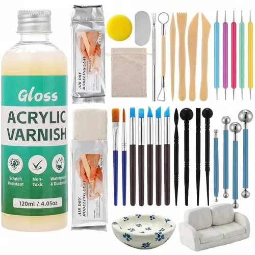 YooNotee Arcilla seca al aire de 2.2 libras para adultos con barniz brillante y 26 piezas de herramientas de esculpir, color blanco, natural, para