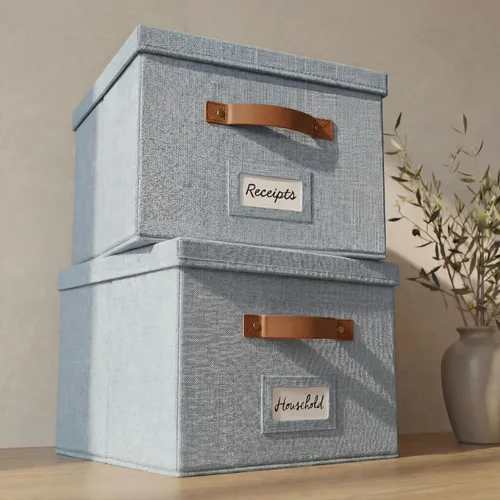 Miniatura 13 de Caja organizadora de archivos decorativa, juego de 2 – Archivadores plegables de lino con asas son perfectos para almacenar todos tus documentos