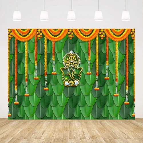 Ticuenicoa India Pooja - Telón de fondo tradicional de 7 x 5 pies, hojas de plátano, color verde, Chatiya Ganesh, fondo de fotografía de Puja