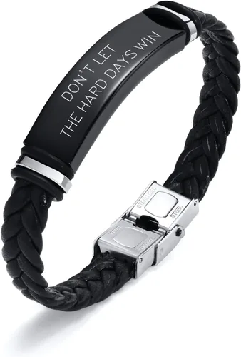 Miniatura 9 de Pulsera de cuero para hombre, regalo de sobriedad para hombre: cita inspiradora/versículo bíblico grabado, pulsera trenzada negra para hombre