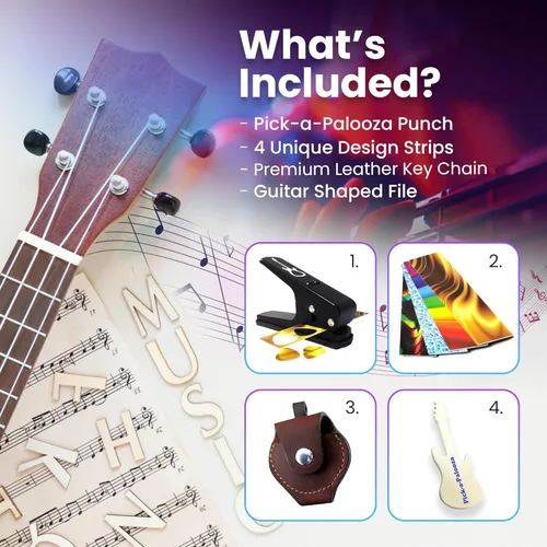 Miniatura 7 de Pack de regalo Pick-a-Palooza DIY para punzón de púa de guitarra - Fabricante de púas premium con llavero de cuero, 4 tiras y una lima - Negro