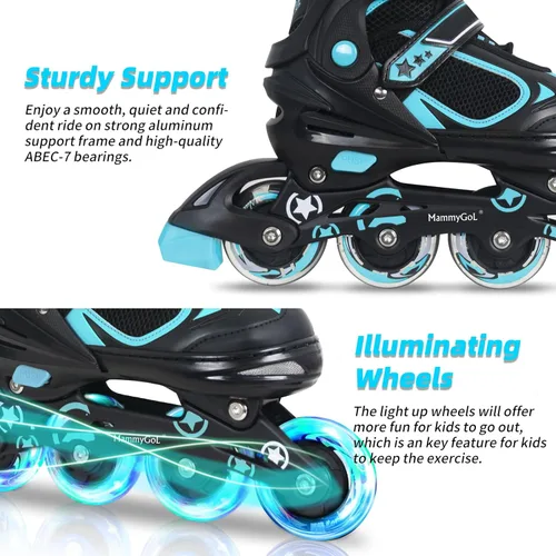 Miniatura 3 de MammyGol Adjustable Inline Skates for Kids Boys Girls Youth Blades Roller Skates with Light up Wheels Ages 4-16 Verde azulado