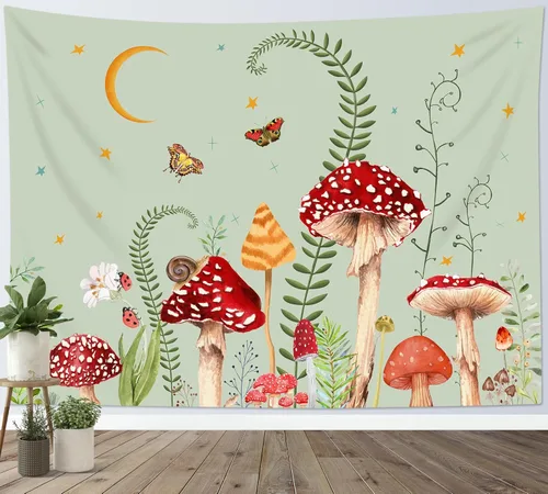 Miniatura 2 de LB Tapiz de hongos para colgar en la pared, luna y estrella en beige, tapiz de pared para dormitorio, estética de planta verde, arte de pared