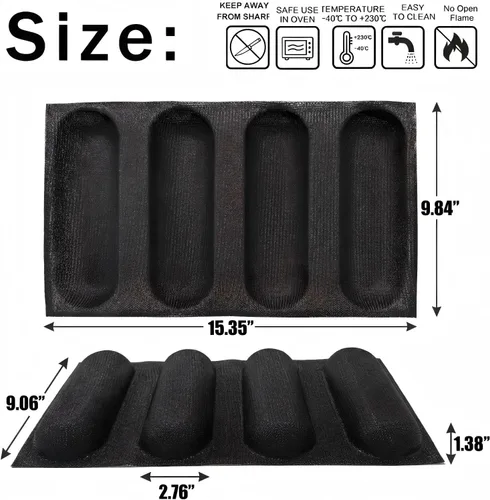 Miniatura 2 de Dioycli Molde de pan de silicona para hornear pan grande de baguette sartén perforada para bollos de perritos calientes, 4 panes, alfombrilla