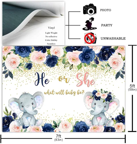 Miniatura 3 de Avezano Telón de fondo de revelación de género de elefante azul marino y rubor, color azul marino, rubor, rosa, floral, elefante, fotografía, fondo