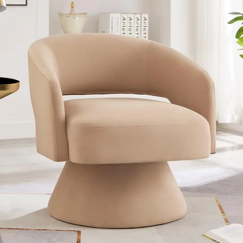 Miniatura 8 de 24KF Moderno sillón giratorio de 360 grados, cómoda silla de barril de terciopelo para sala de estar y dormitorio, silla redonda giratoria
