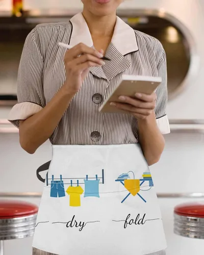 Miniatura 3 de DecorLovee Modern Minimalist Waitress Apron with 3 Pockets, Cartoon Laundry Room Washing Machine Server Aprons Waterproof Kitchen Restaurant Half