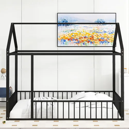 Miniatura 3 de Cama de metal de tamaño matrimonial con valla para niños, adolescentes, niñas, niños, cama de piso de casa, camas Montessori, se puede decorar marco