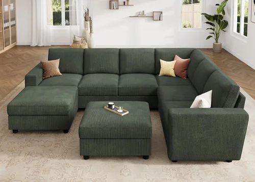 Miniatura 3 de HONBAY Sofá modular de pana con almacenamiento en forma de L para sala de estar, sofá seccional de 6 plazas, color beige