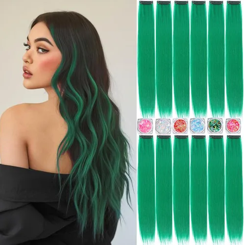 Miniatura 22 de Extensiones de cabello de colores, extensión de cabello liso con clip de 22 pulgadas, extensiones de cabello con brillantina multicolor arcoíris