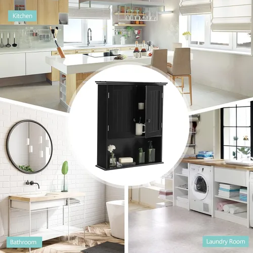 Miniatura 7 de COSTWAY Armario de baño montado en la pared, armario de almacenamiento sobre el inodoro con puertas dobles y estante ajustable, botiquín colgante