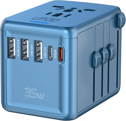Adaptador de viaje universal, carga rápida PD de 35 W y 2 USB C 3 USB A y salida de CA de 2500 W, adaptador de corriente internacional para Europa,