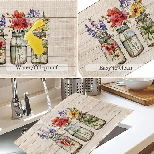 Miniatura 4 de Juego de 6 manteles individuales de flores, lavables, resistentes al calor, de 12 x 18 pulgadas, manteles individuales de lino con estampado floral