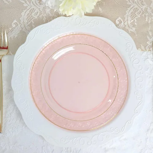 Efavormart - Paquete de 10 platos de postre de plástico martillado de oro rosa rubor de 7.5 pulgadas con borde dorado, platos redondos desechables