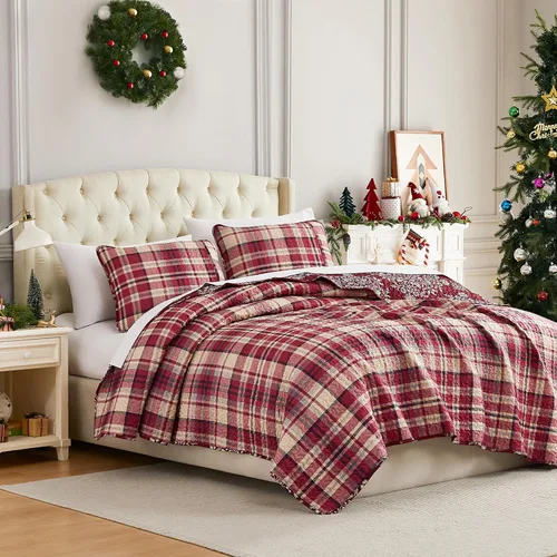 Southshore Fine Living Edredón de Navidad Twin XL Juego de Ropa de Cama, Colcha de Navidad Reversible Estilo Farmhouse, Sobrecama Twin XL - Cuadros