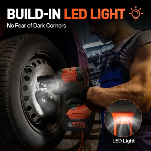 Miniatura 7 de COMOWARE Llave de impacto inalámbrica de 650N.m (480 ft-lb), pistola de impacto de alto par sin escobillas de 1/2 pulgada, batería de 20 V 4.0 Ah