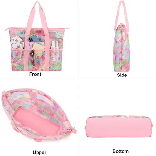 Miniatura 10 de CAMTOP Bolsas de playa para mujer, bolsa de playa de malla con cremallera, bolsas de conchas para niños, grandes para piscina, natación, vacaciones