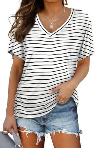 Miniatura 5 de WIHOLL - Camisetas de manga corta con cuello en V para mujer, holgadas, con fruncido lateral