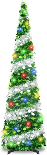 Miniatura 7 de Árbol de Navidad Emergente de 5 Pies con Luces, Árbol de Lápiz Plegable Rosa, Árbol de Navidad Delgado Árbol de Navidad Esbelto, Árbol de Oropel