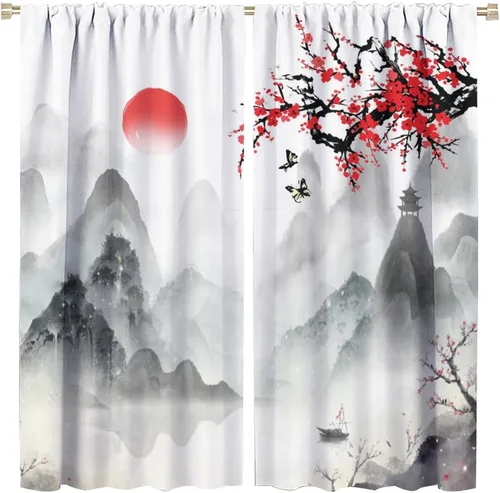 Cortinas opacas asiáticas japonesas con bolsillo para cortinero, para sala de estar, reducción de ruido, vintage, estampado de cerezo en flor,