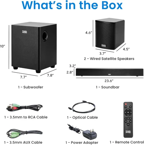 Miniatura 6 de Acoustic Audio 5.1 Barra de sonido envolvente para cine en casa con Bluetooth, RCA, óptico, ARC, AUX, subwoofer inalámbrico y control remoto