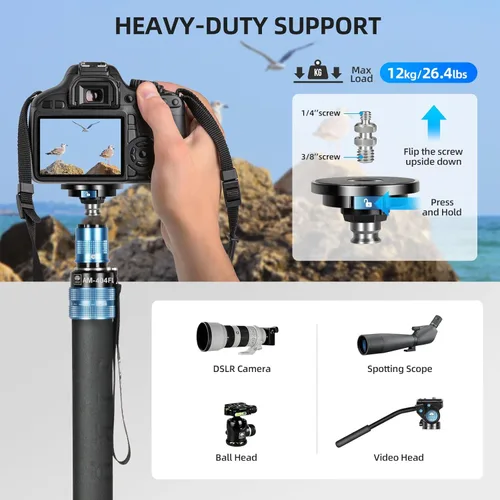 Miniatura 3 de SIRUI AM-404FL Monopod para cámara con pies, monopie de video de aluminio de 74.8 pulgadas con base extraíble, delgado y ligero, carga máxima