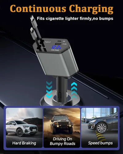 Miniatura 6 de Cargador de Coche Retráctil, Adaptador de Cargador de Coche iPhone 16 15 de 66W 4 en 1 con 2 Cables de Cargador iPhone Retráctiles