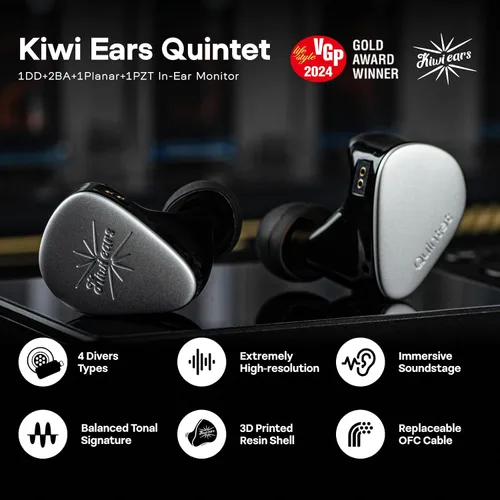 Miniatura 2 de Linsoul Kiwi Ears Quinteto in Ear Monitor, 1DD + 2BA + 1 Planar + 1 PZT Hybrid Driver Earphone, con cable OFC chapado en plata desmontable, placa