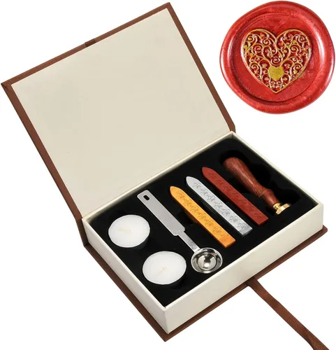 Yoption Kit de sellos de cera, sello de corazón con varillas de cera de sellado doradas, rojas y plateadas, juego de caja de regalo para